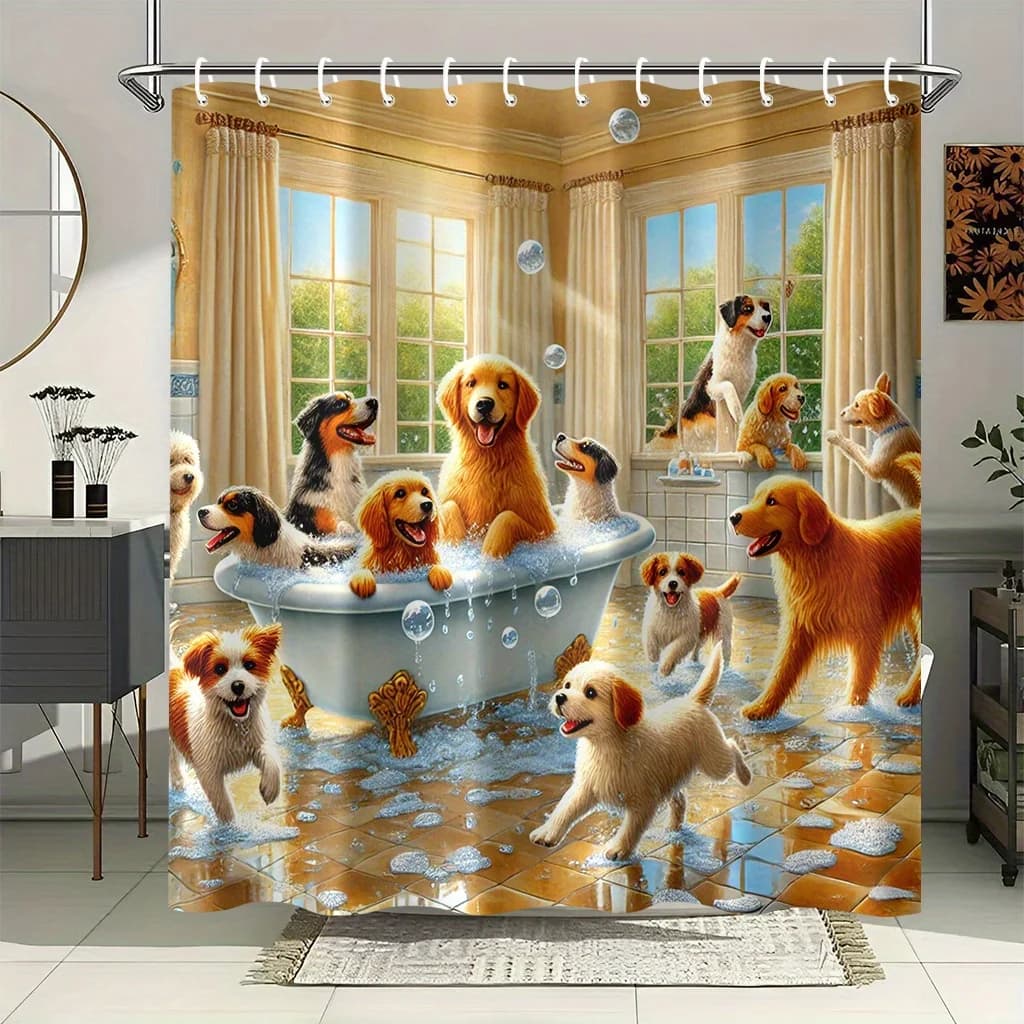 Divertente tenda da doccia per cani, simpatici cuccioli di Golden Retriever, stampa animalier per l'ora del bagno, decorazione divertente per il bagno, tessuto impermeabile
