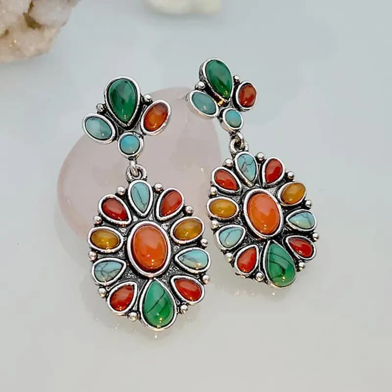 Stone Women's Earrings Beads Retro Style Fashion Jewelry Hoops Alloy Embedded Artificial Gem New Condition