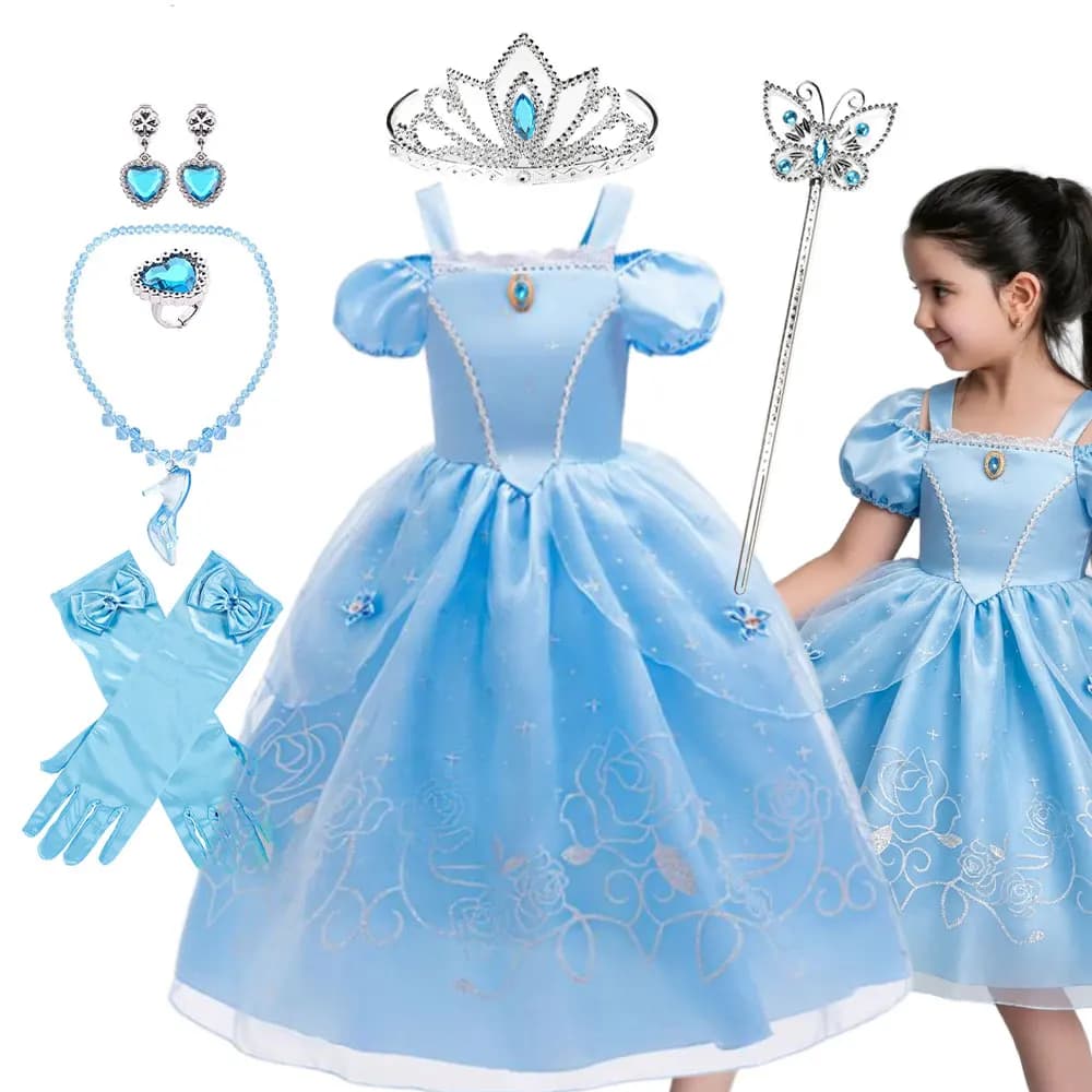 Abito da Cenerentola con Scarpette di Vetro, Vestito da Principessa per Bambini, Abito da Ballo per Feste di Carnevale, Gonna a Palloncino Blu Estivo con Spalle Scoperte
