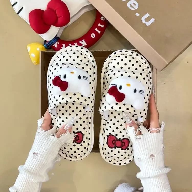 Cute 3D Hello Kitty Polka Dot Indoor Slippers Women Non Slip Soft Home Shoes Lovely Cartoon Design Birthday Gift for Teen Girls