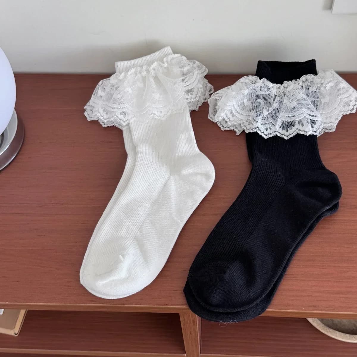 New socks spring summer lace with big edges Women's princess socks mid calf ballet style pure color Cotton material