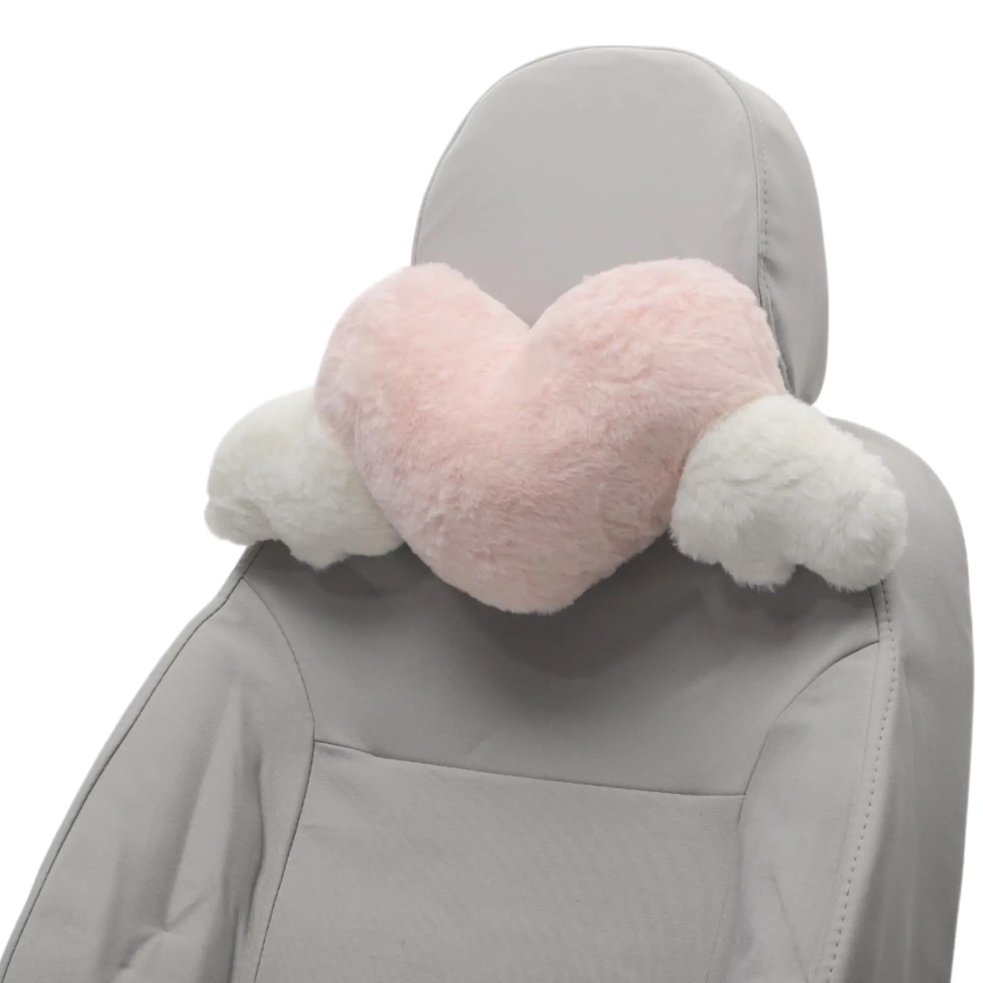 Cuscino per il collo in peluche a forma di cuore con design ad ali, supporto in morbida memory foam in finta pelliccia per viaggi e guida, rosa e bianco