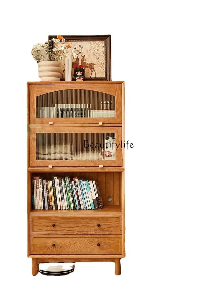 Libreria Corta in Legno Massello di Ciliegio con Ante in Vetro Stile Giapponese, Combinazione di Blocchi Modulari