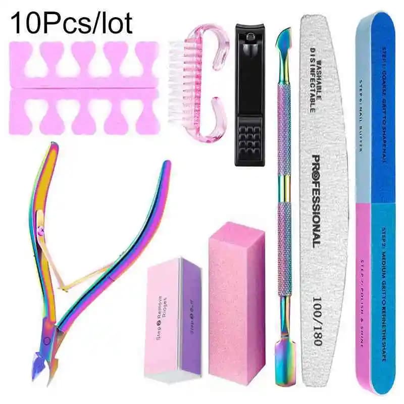 10 pezzi set per unghie artistiche lime per sabbia tampone spugna blocco spazzola forbici per unghie kit con pinza per cuticole set per manicure strumenti per smalto gel UV