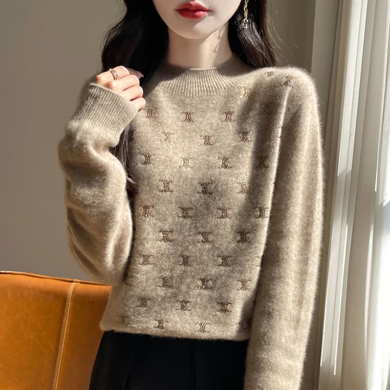 Maglione da donna ispessimento in lana fine Collo semi-alto Foglia tempestata di diamanti Pullover Base lavorata a maglia femminile Top Autunno Inverno