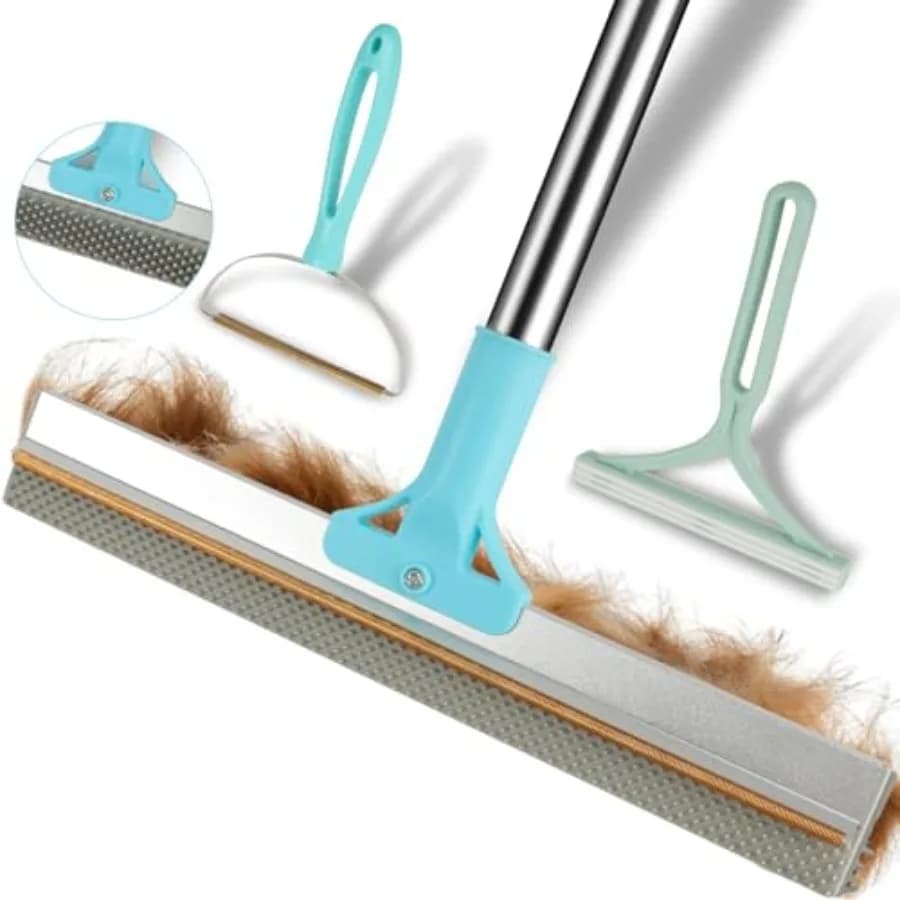 Set for the removal of pet hairs from carpets, with 56 adjustable teeth, long handle and 2 manual tools for deep cleaning of animal hairs from carpets and carpets.