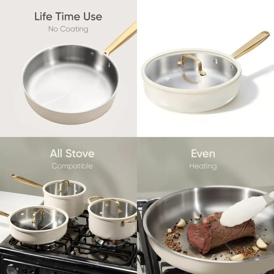 Padella in Acciaio Inossidabile, Strato Esterno in Ceramica, Non Tossica, Riscaldamento Uniforme, Adatta per Forno, Compatibile con Piani Cottura a Induzione, Ceramica e Gas