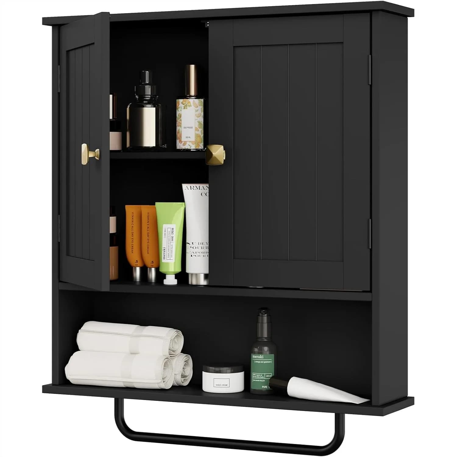 Armadietto da Bagno RRX a Parete con Portasciugamani, Mobiletto Sopra WC con 2 Ante e Ripiano Regolabile, Bianco