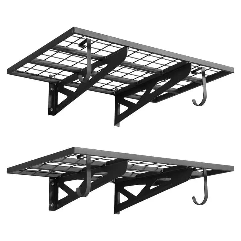2-Tier Heavy Duty Wall Garage Shelving, 2 x 3 ft Steel Wall Mounted Shelving Unit with Hooks, 24 x 36 Inch Per Shelf Floating Storage Metal Rack for Garage, 500 lbs Total Weight Capacity, Black