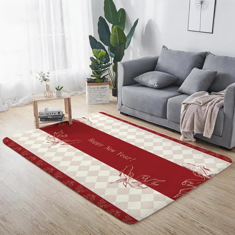 Red Decorative Carpet with Festive Motives, Ecological Flannel Zerbino Anti-slip and Scent, Soft Pelo Corto Carpet for Interior