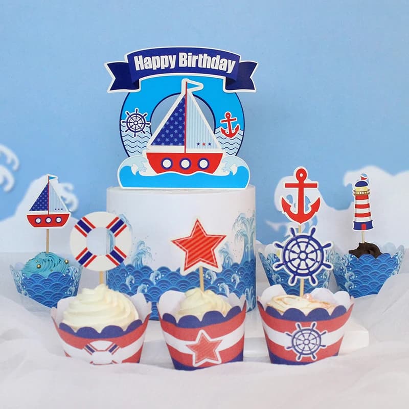 Anchor Cake Topper barca a vela timone ragazzi bambini buon compleanno decorazione di cerimonia nuziale blu Cupcake Decor forniture per la cottura del partito fai da te