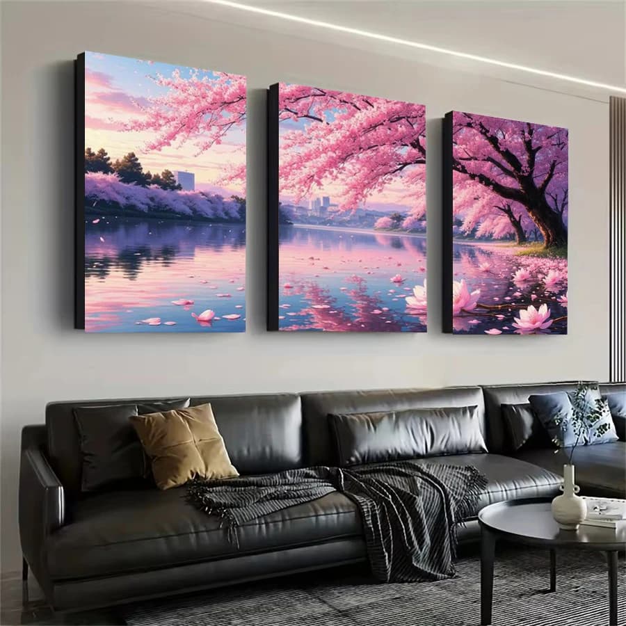 Pink Tree River Landscape Picture Diy Diamond Art Painting Triptych Flowers Full Drill Mosaic Embroidery Kits 3 Pieces/Set