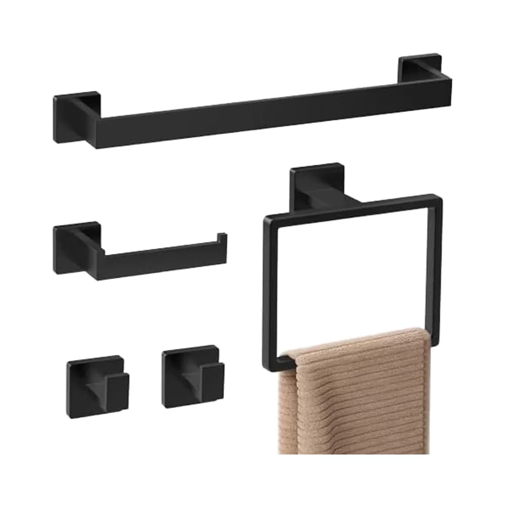 Matte Black Stainless Steel Eco-friendly Wall-mounted Bathroom Accessories Set Modern 5-Piece Design 16" Towel Bar Robe Hooks