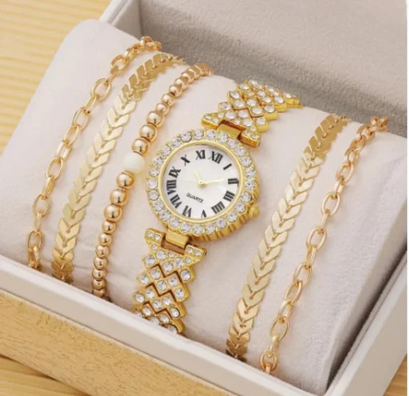 Set di orologi da 5 pezzi in cristallo pieno per donna Orologio da polso da donna con diamanti Orologio da polso alla moda di lusso Set di regali con strass Reloj