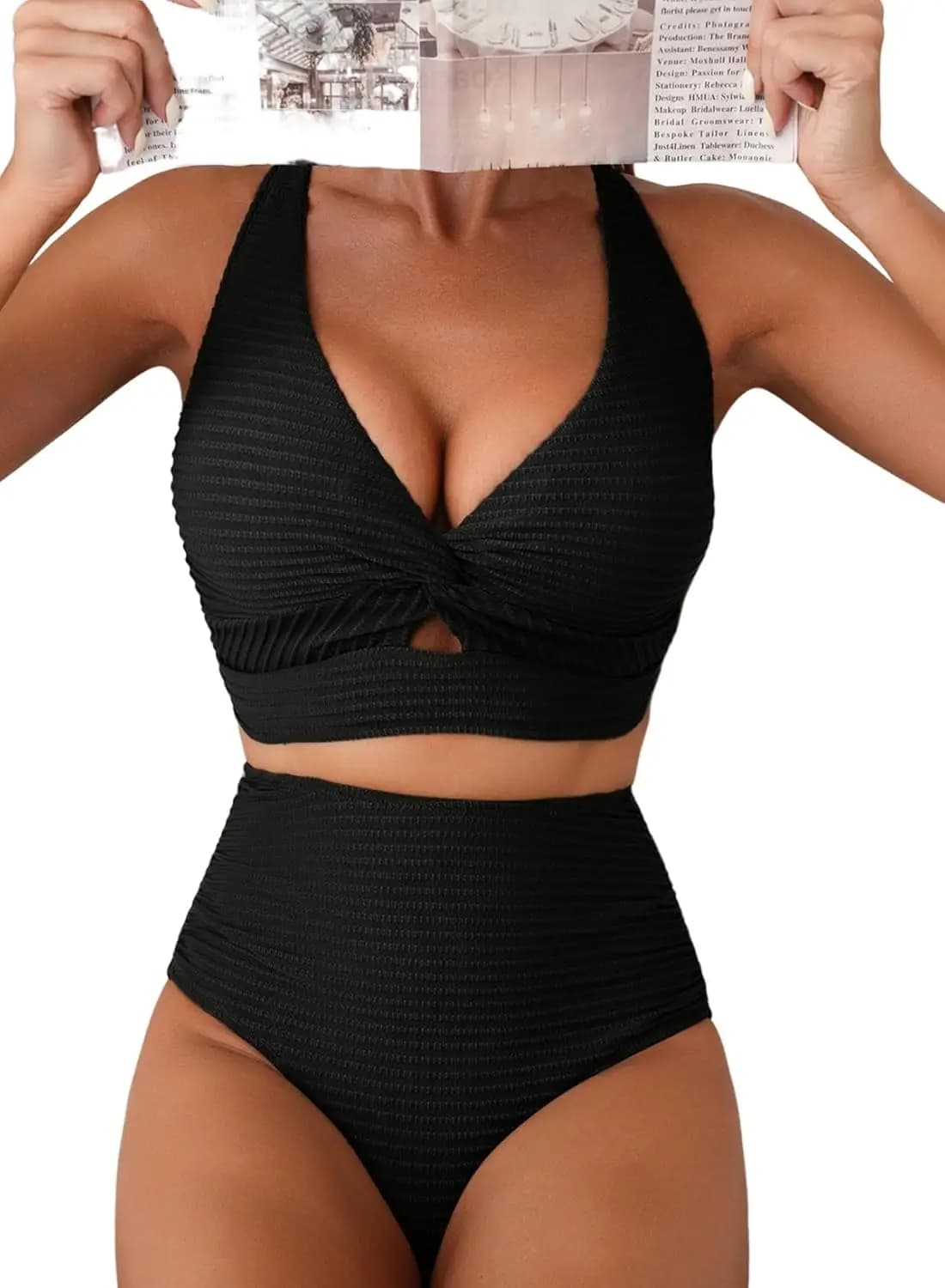 Women's textured bikini swimwear with twisted top and high waist