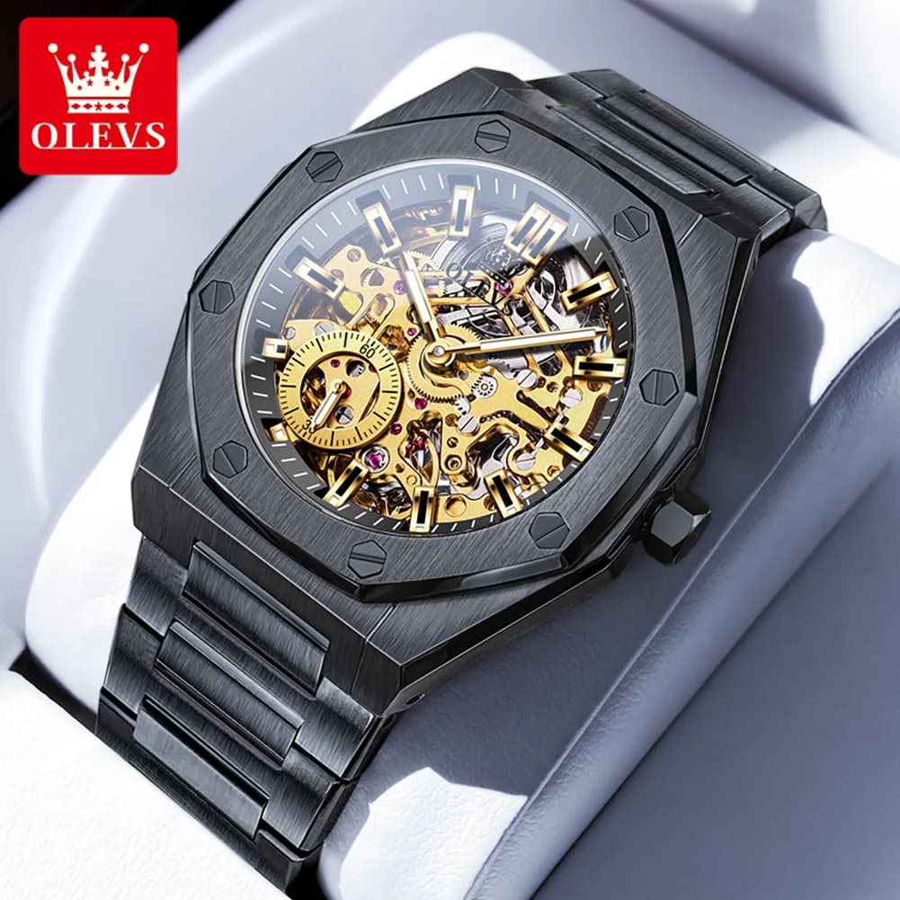 OLEVS 6669 Fully Hollow Men's Watch Octagonal Bezel Luxury Automatic Mechanical Watch Men's 30M Waterproof Man Wristwatches