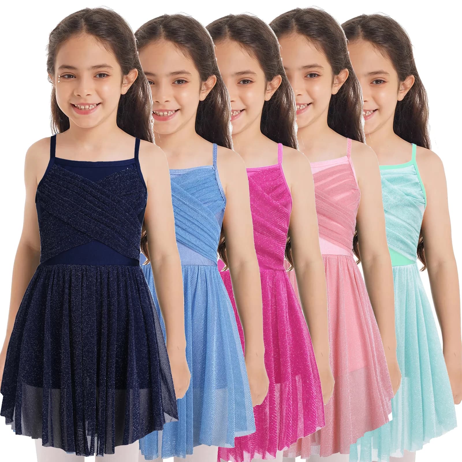 Vestito da pattinaggio di figura per ragazze eleganti Maglia da ginnastica per bambini scintillante Tutu di balletto Body in rete Costumi di danza lirica latina