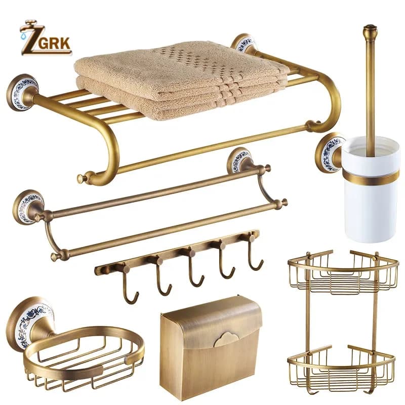 ZGRK Accessori da bagno antichi Set di ferramenta in ottone intagliato Portasciugamani a parete Porta carta Gancio in tessuto Kit hardware per il bagno