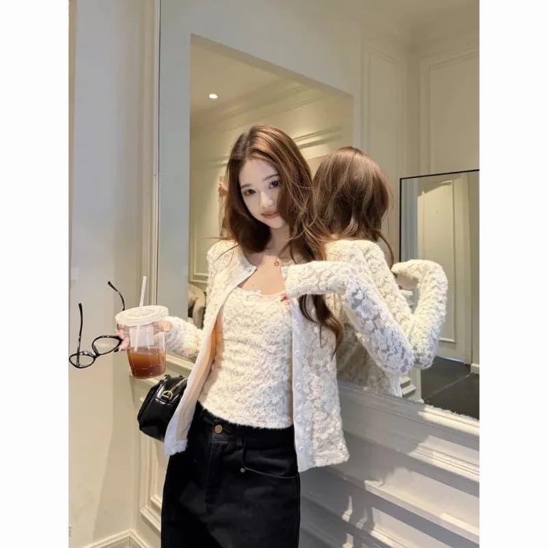 French Sweet and Spice Girl Set Heavy Industry Lace Long Sleeve Jacket Women's Spring Inner Slim Sling Vest Two-piece Set