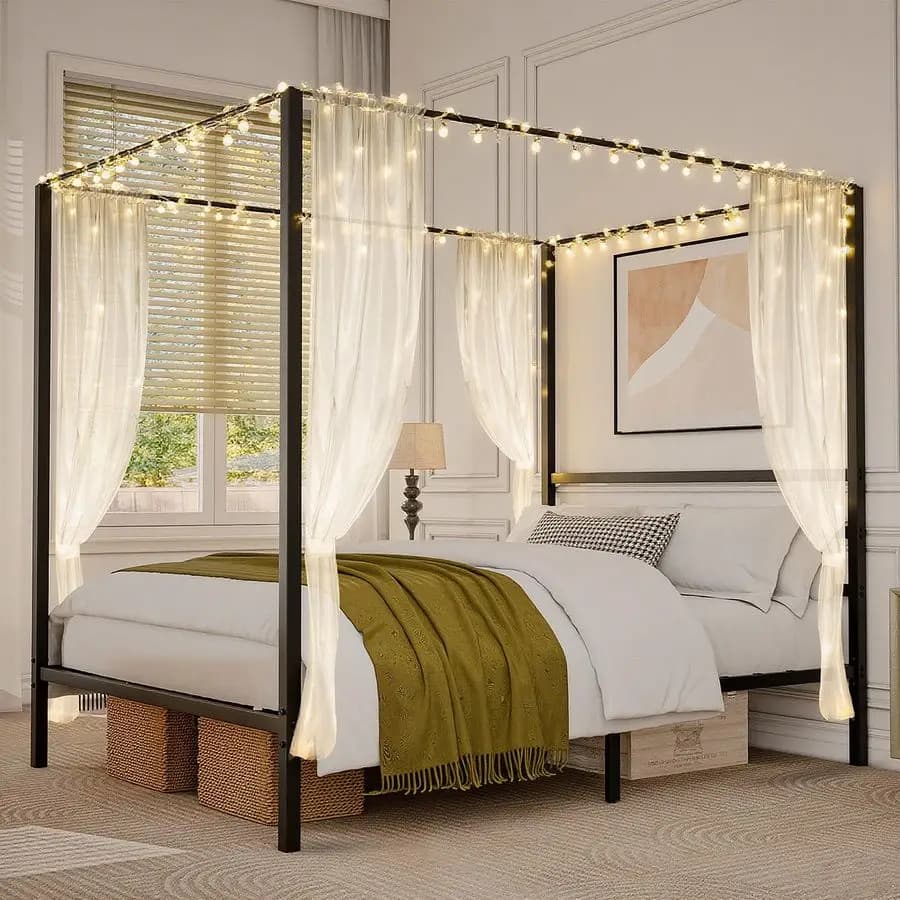 Special Offer: Queen Size Canopy Bed, Metal Frame with Integrated Headboard, Base for 14 Inch Mattress, Robusta