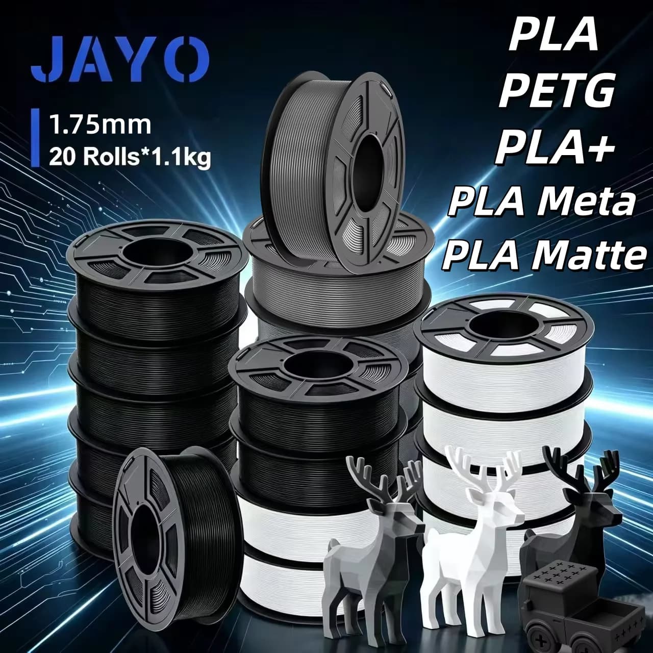 JAYO 20 Rotoli di Filamento PLA/PETG/PLA+/PLA Meta/PLA Opaco per Stampante 3D, 1.75mm, Materiali per Stampa 3D Compatibili con il 99% delle Stampanti FDM e Penne 3D
