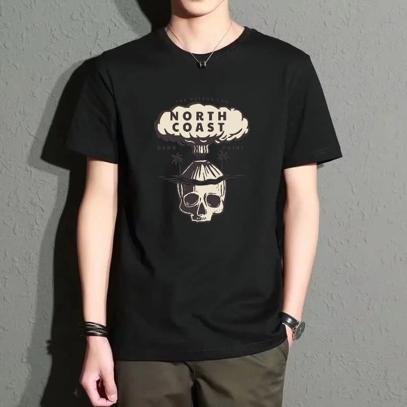 Men's Black Round-Neck Short-Sleeved T-Shirt, Retro Skull Print Top, Street Fashion Casual Style, Versatile, Comfortable and Breathable for Everyday Wear