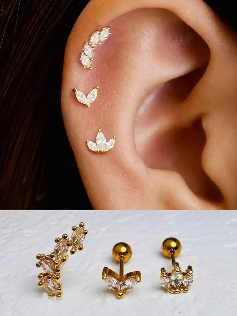 3pcs Zirconia Teardrop Stud Earrings, Flower Cartilage Earrings, Stackable For Multiple Piercings