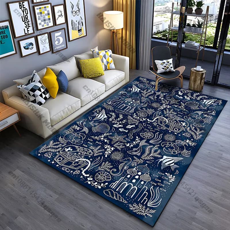 Carpet with underwater treasures and marine wildlife, yoga mat, decoration for living room, baby cat mat, mat for peat, carpet for games