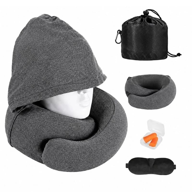 A60E-Hooded Pro Memory Foam Travel Pillow- Neck Support Design For Airplane& Flight, Super-Soft Pure Cotton Fabric Cover