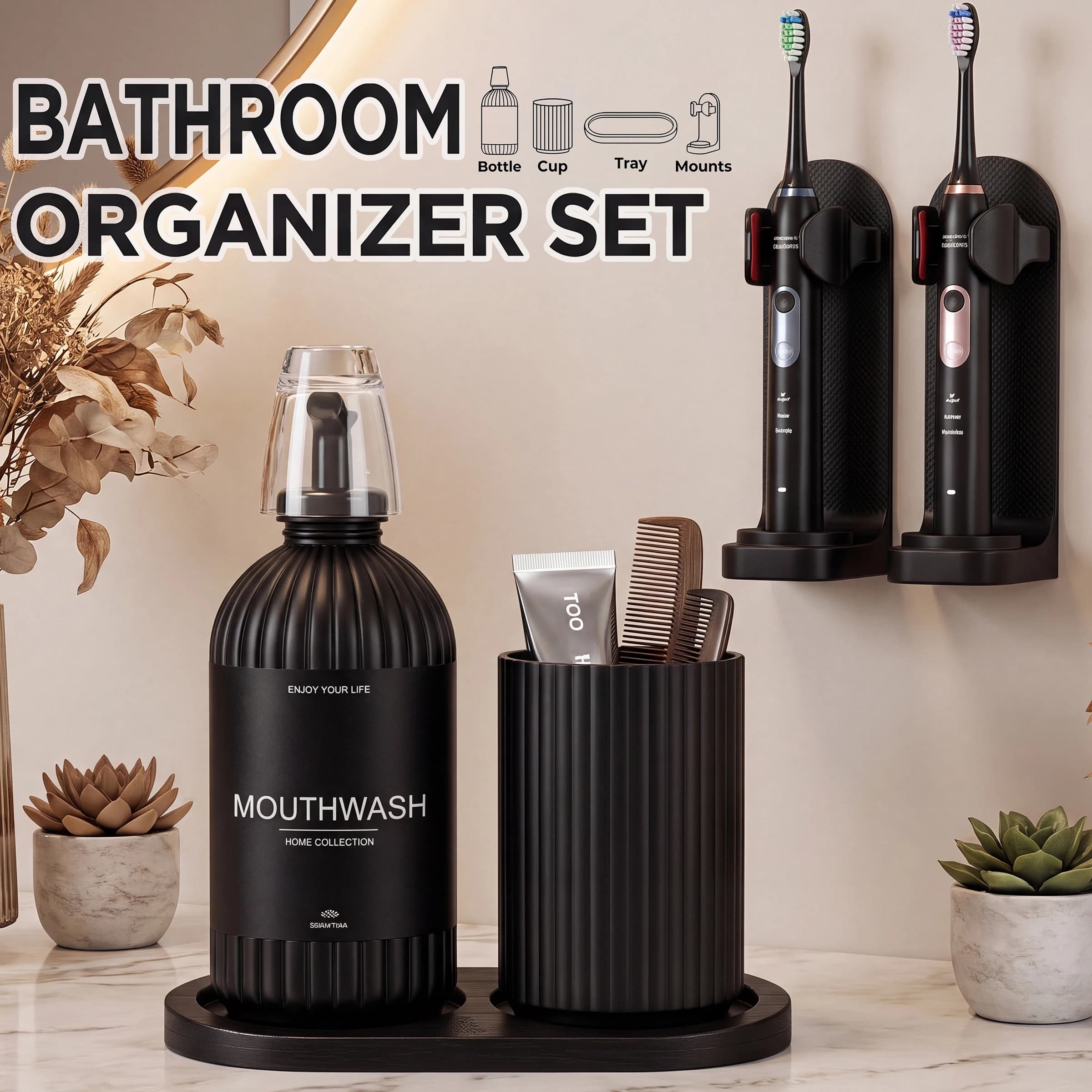 Bathroom Accessories Oral Care Set, 5pcs/set Reusable Mouthwash Dispenser, Toothpaste Cup and Tray for Housewarming Gift