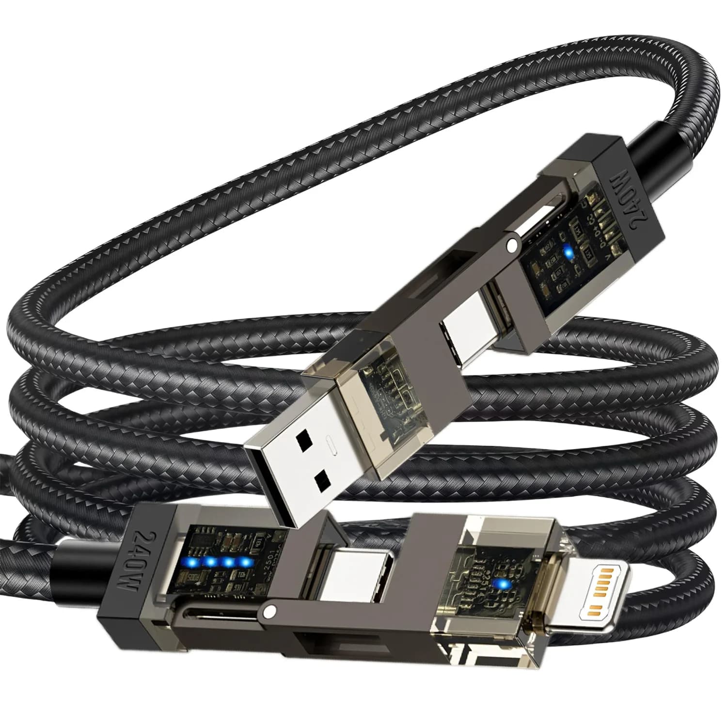 Cavo USB C 4 in 1 per ricarica rapida e trasferimento dati, 240W PD, caricatore multifunzione, cavo di sincronizzazione per iPhone, Samsung, Huawei, Xiaomi.