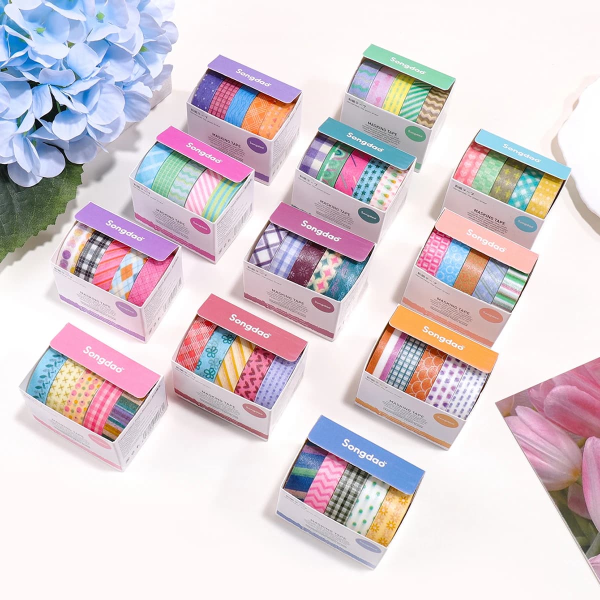 5 rolls of vintage floral stripe patterned washi tape set, for DIY notebooks and stationery decoration, School supplies