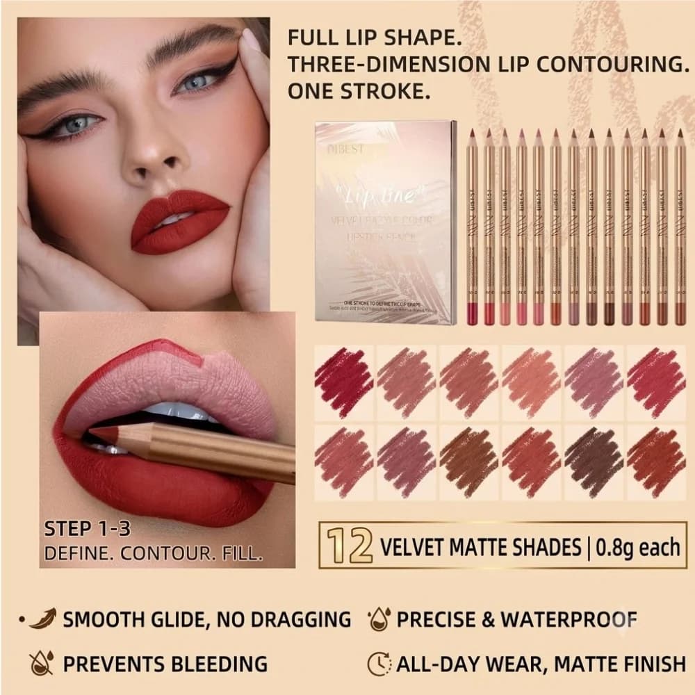 12Pcs Matte Velvet Lip Liner Pencil Set Waterproof Smooth Smudge-proof Long Lasting Lip Contour Pen Makeup Lip Crayons
