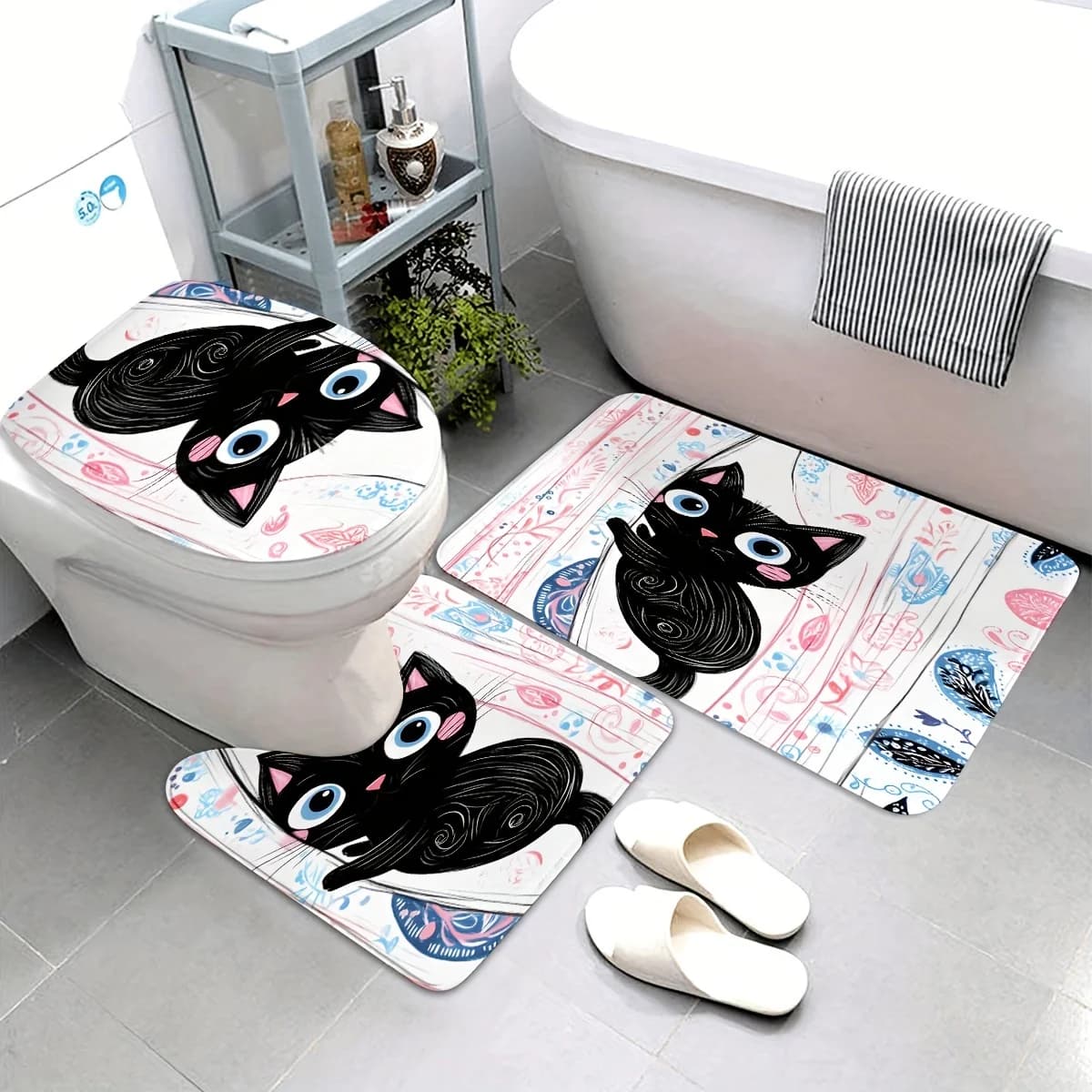 Set di 3 Tappetini da Bagno con Stampa Gatto, Tappeto per Pavimento, Decorazione Casa, Tappetini per WC, Ciabatte con Stampe di Animali Carini, Accessori Originali per il Bagno