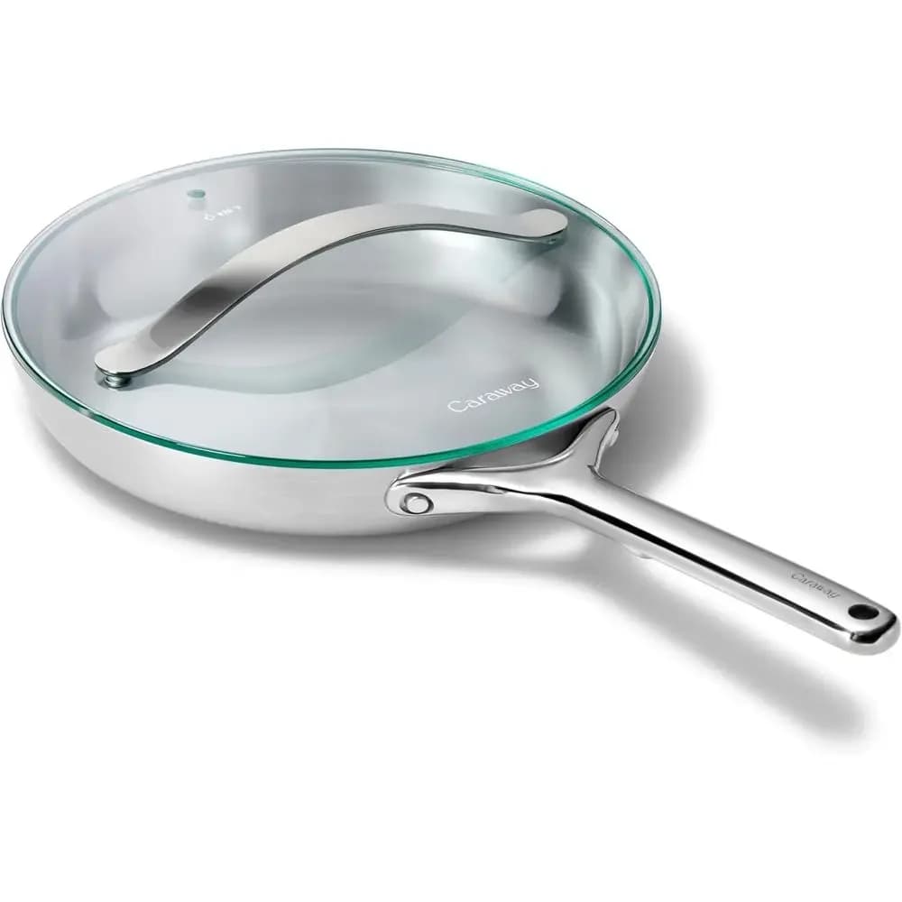 10.5 5-Ply Stainless Steel Frying Pan with Glass Lid - Oven and Stovetop Compatible - Non-Toxic, PTFE and PFOA Free