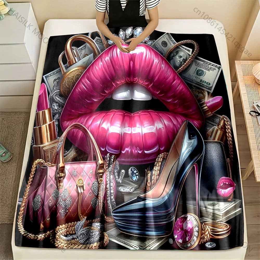 Borsa Rossetto Tacchi alti Coperta con stampa alla moda Materiale in flanella Morbido caldo per tutte le stagioni Picnic da campeggio all'aperto per la casa