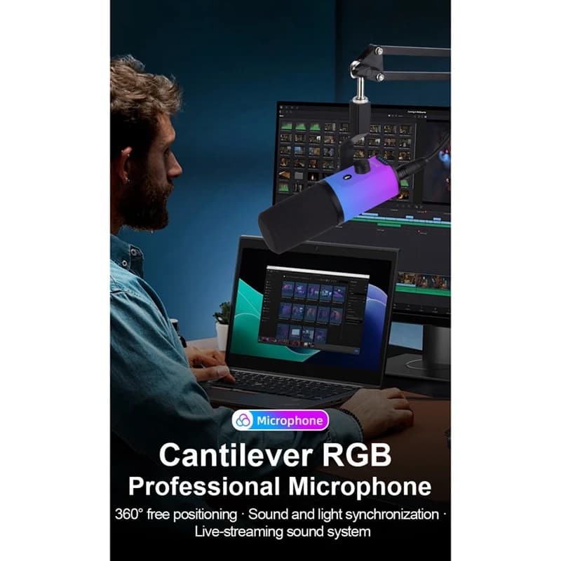 Kit microfono da gioco XLR/USB con jack per cuffie/supporto RGB/braccio, microfono dinamico per giochi di registrazione podcasting Live-A12I