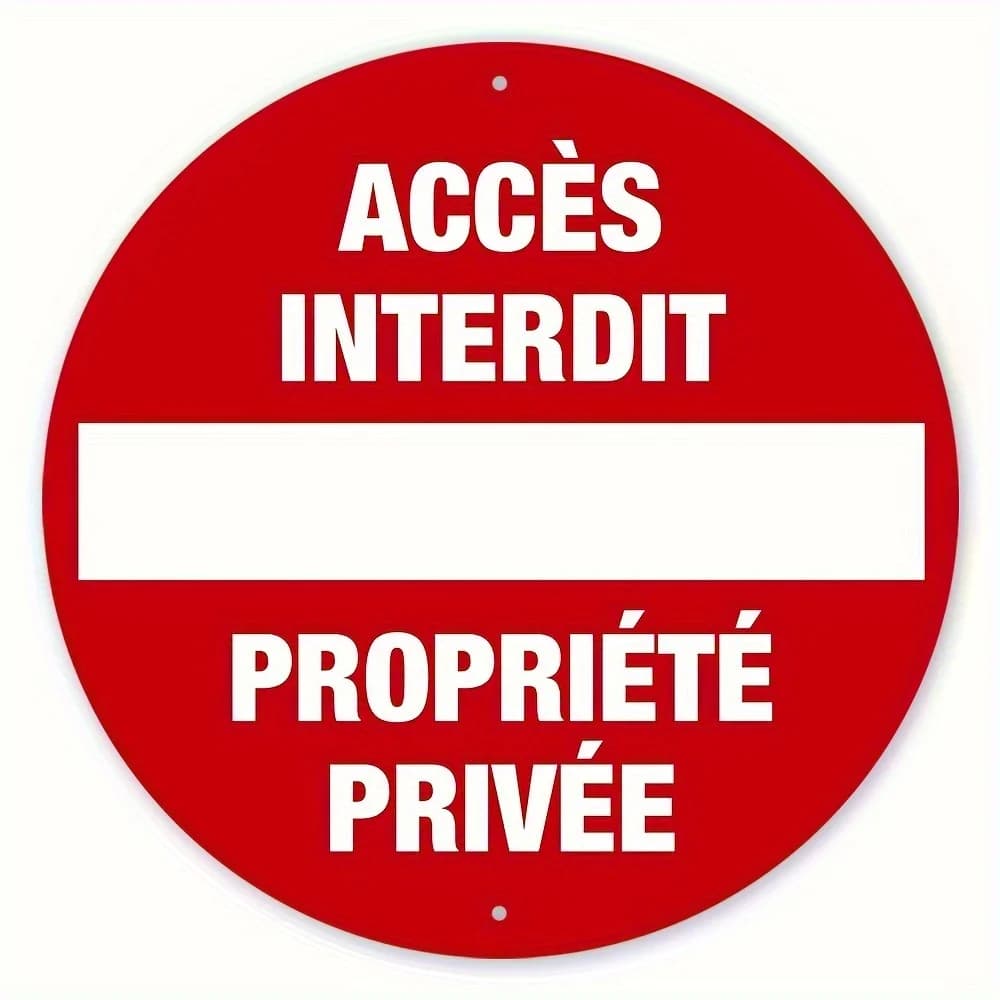Targa rotonda in alluminio stile francese "No Entry/Private Proprietà" - 20,32x20,32 cm, rossa con testo bianco e divisore, resistente alle intemperie