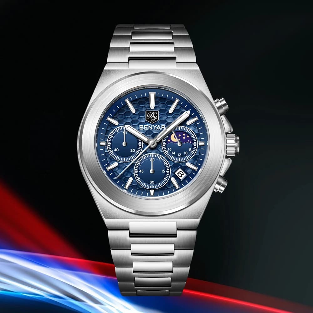 2025 Nuovi orologi da uomo BENYAR Moon Phase Orologio al quarzo di lusso delle migliori marche per uomo Cronografo Orologio impermeabile in acciaio inossidabile regalo