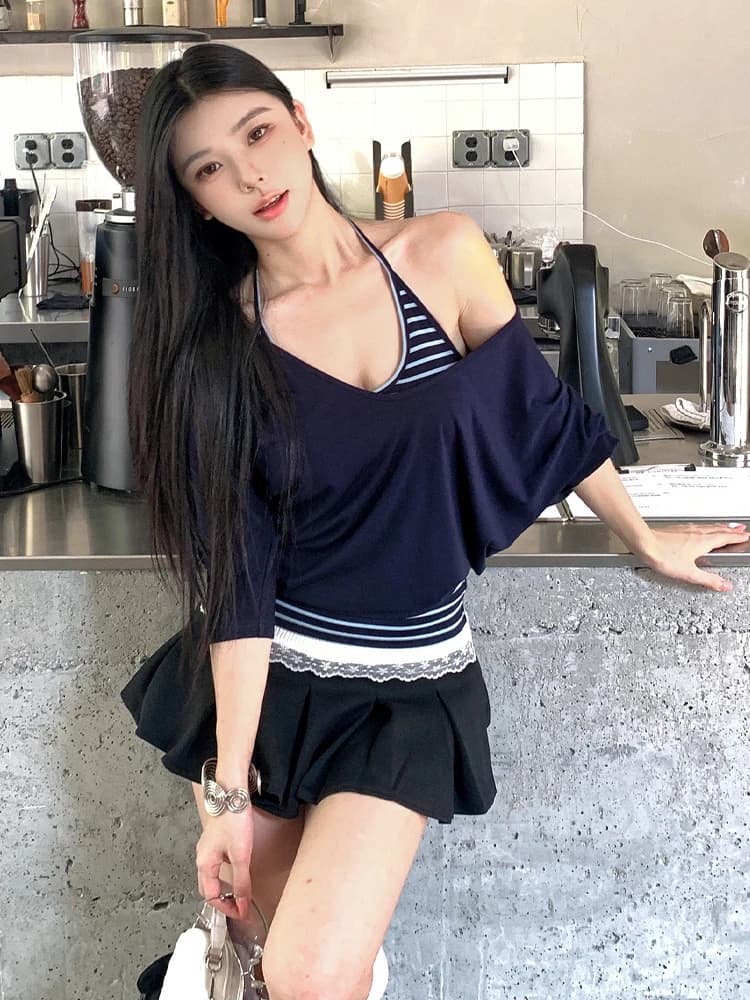 Casual Loose V-neck Patchwork Lace Half-skirt Three-piece Set Summer Fashion for Young Women Short Sleeve U-neck Top Skirt