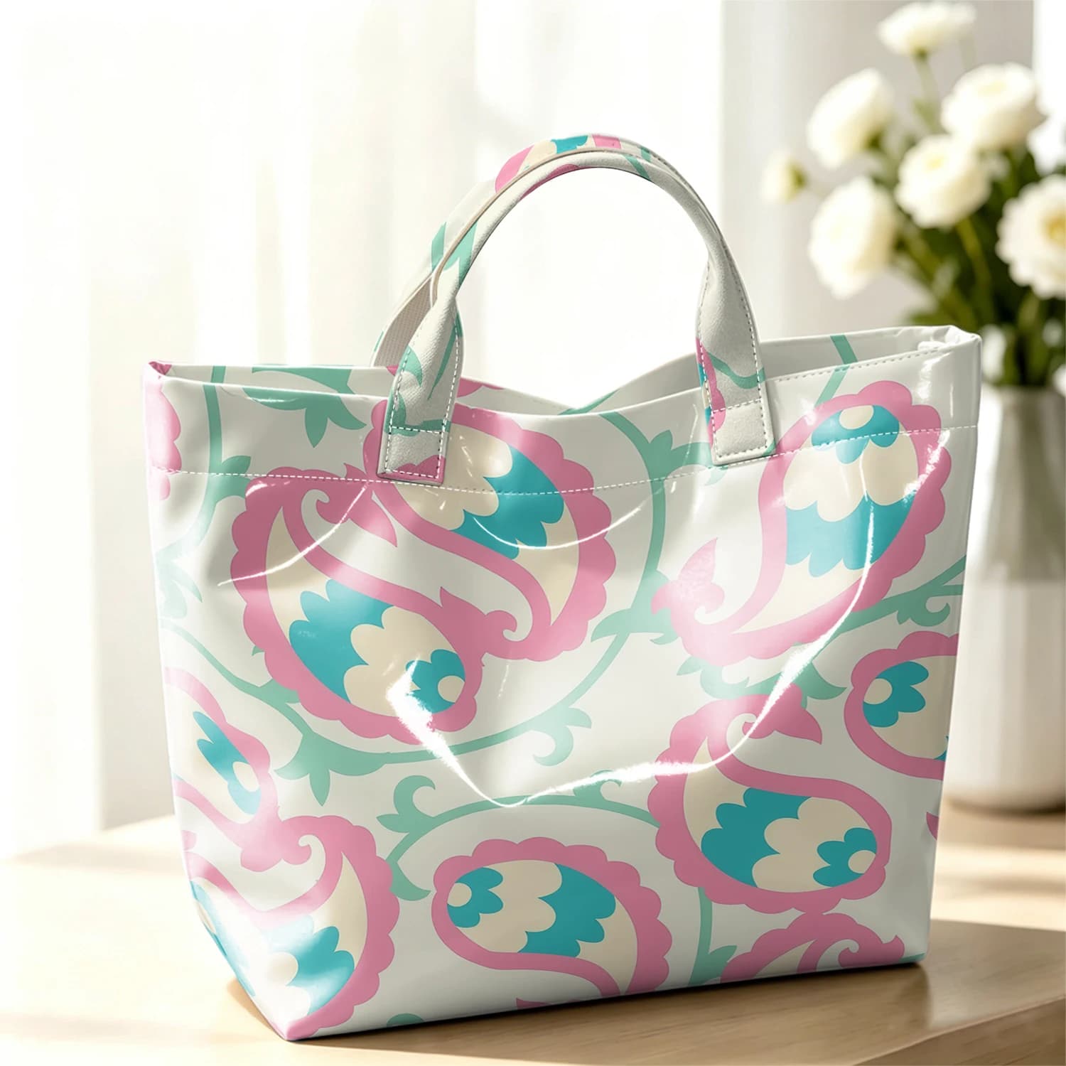 Cream Retro Paisley Vine Fashion Large Glossy PVC Bag Hand Washable Waterproof Perfect Travel Commute Cosmetic Storage Shopper