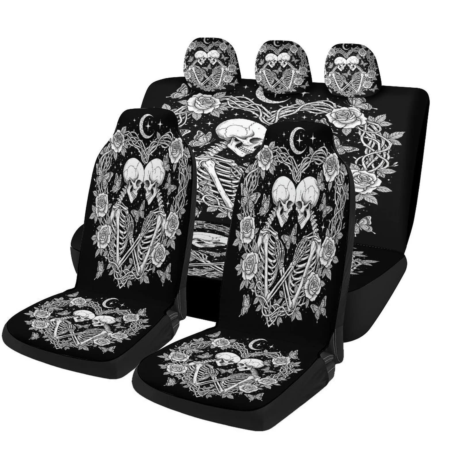 Set Of Car Seat Covers Featuring A Skull, Rose, And Heart Design, Suitable For Various Vehicles. These Stylish And Breathable Co