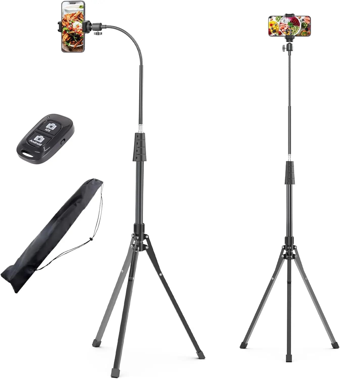 Treppiede per cellulare da 92'' con collo flessibile da 16,5'' e telecomando, treppiede a soffitto con rotazione regolabile a 360° ° Testa a Sfera e Supporto per Telefono