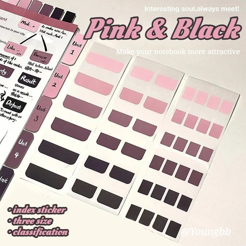 Y2K Adesivo indice di colore sfumato nero rosa Ragazza carina Scrivibile Notebook Planner Pagina Mark Adesivo Nota adesiva Cancelleria Kawaii
