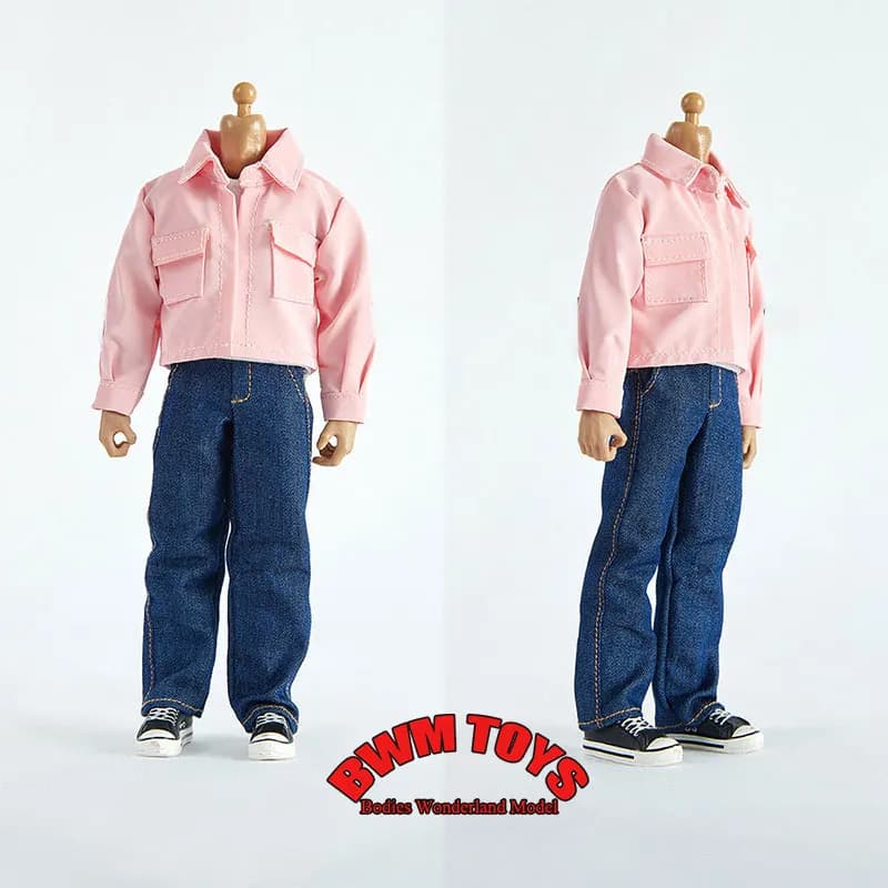 Disponibile in magazzino: Abbigliamento modello in scala 1/12 per action figure da 6 pollici - Camicia casual rosa con colletto e jeans a gamba dritta per soldato maschio