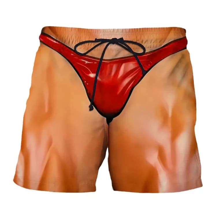 Men's plus Size 3D Fake Red Bikini Print Swimsuit with Humorous Prank Drawstring Summer Beach Surfboard Design