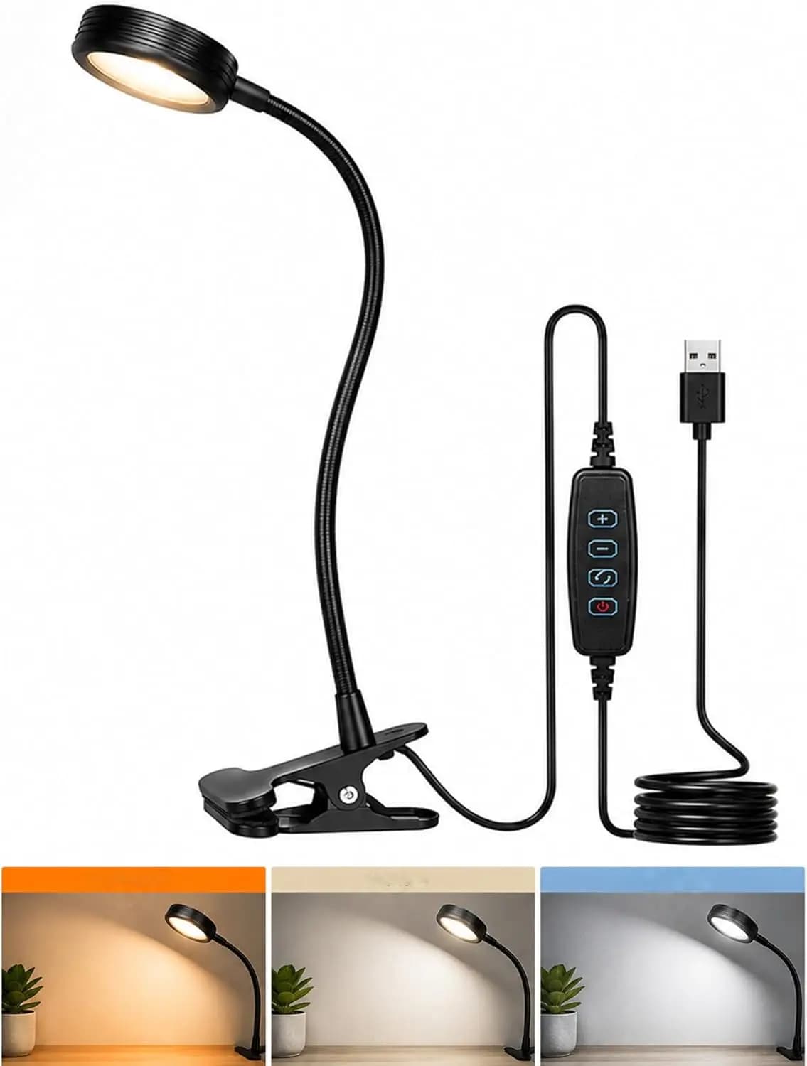 Clip-On Desk Lamp with 3 Color Modes, Adjustable Brightness, Gooseneck, Book Light for Reading in Bed at Night, USB Powered
