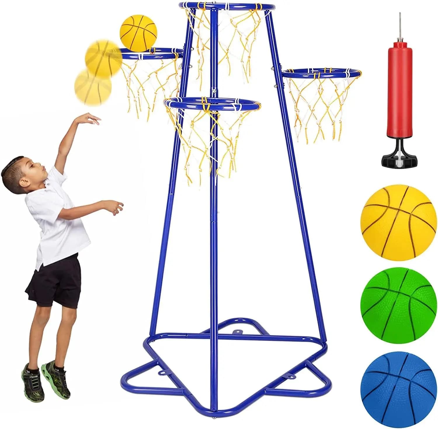Canestro da Basket per Bambini, Supporto Portatile a 4 Canestri con Altezza Regolabile e 3 Palloni, Giocattolo per Interni ed Esterni per Bambini dai 3 Anni in su