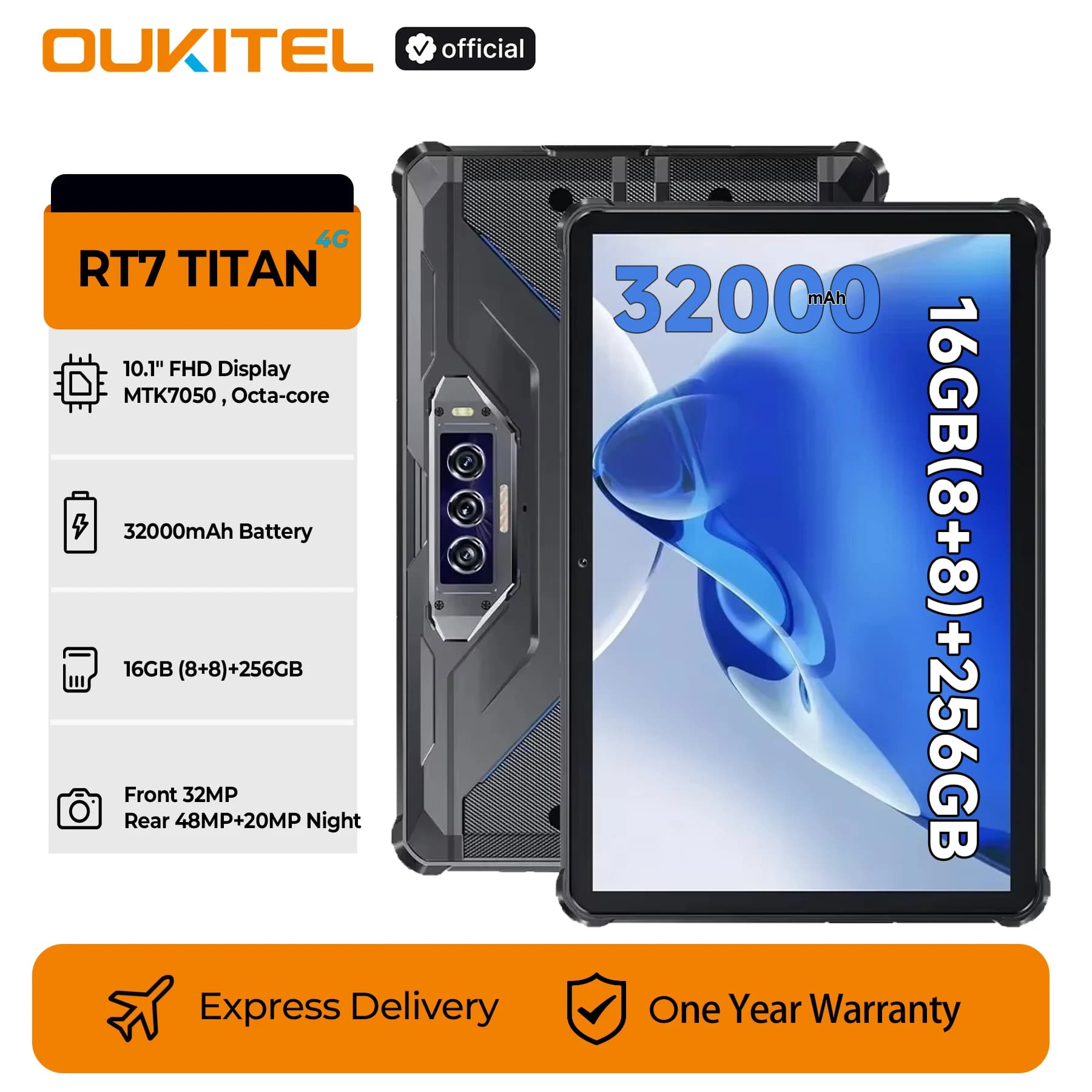 OUKITEL RT7 TITAN Tablet Robusto 4G da 10.1 Pollici FHD+, 32000mAh, 8GB RAM, 256GB ROM, Fotocamera 32MP+48MP, Android 13, NFC