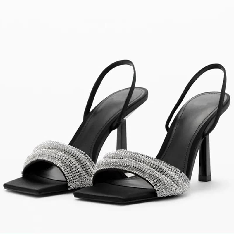 Sandali con tacco slingback decorati con strass Donna Sexy punta quadrata Tacchi firmati Estate eleganti scarpe da sposa per feste da donna